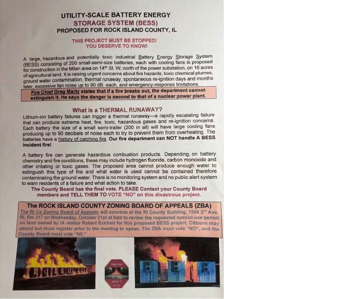 Community flyer about proposed Rock Island County battery energy storage system