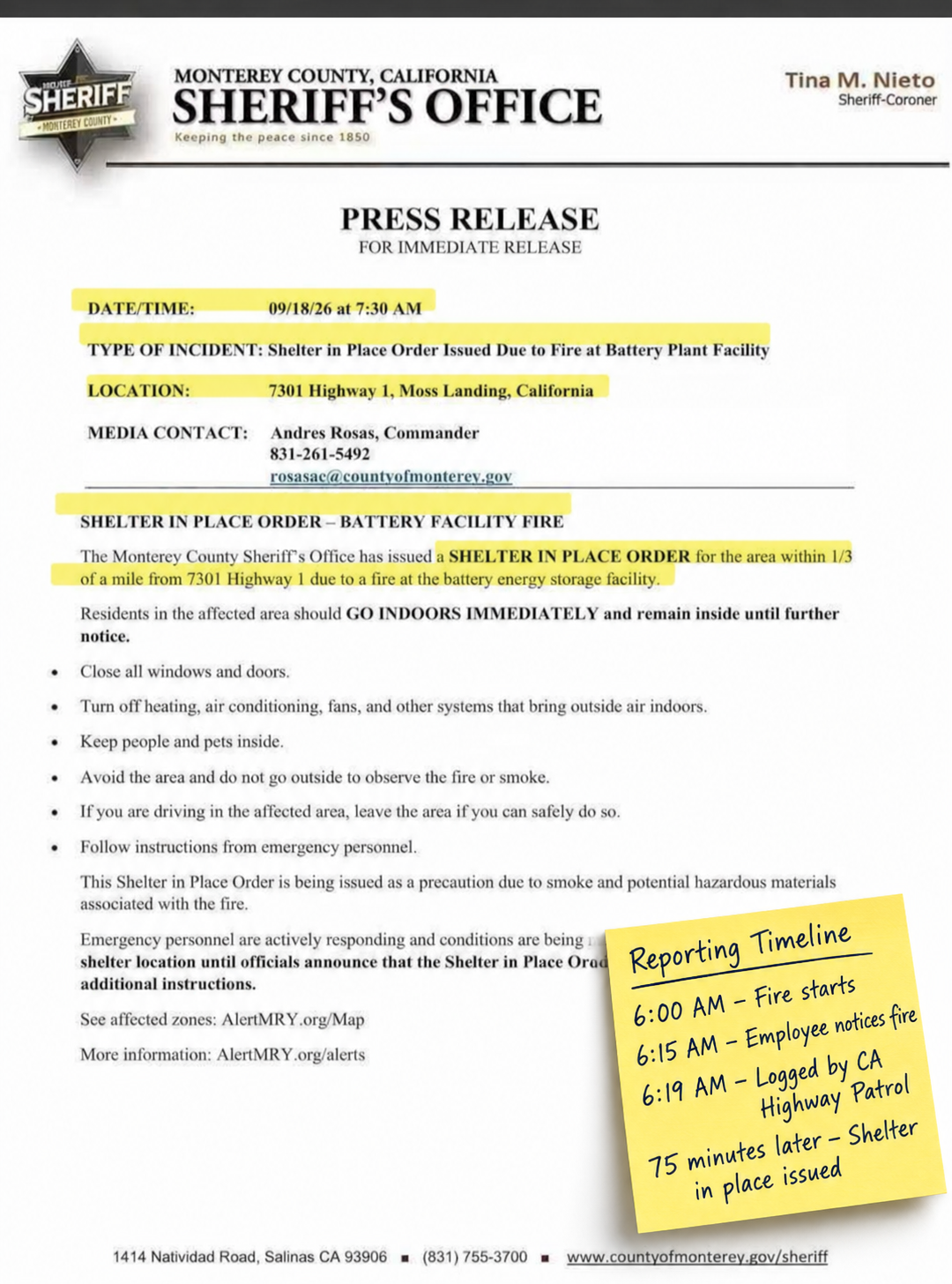 Community-provided image of sheriff press release concerning a battery facility fire